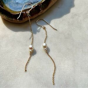 Gold Filled Asymmetrical Dainty Freshwater Pearl Drop Earrings